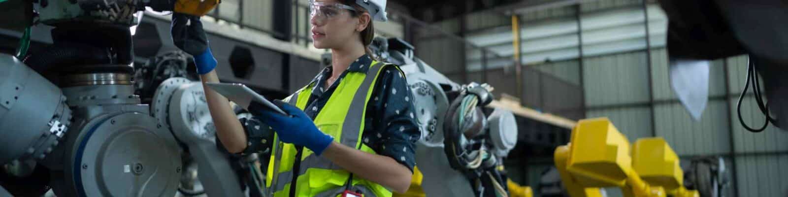 Engineer inspects robotic arm machinery in a factory