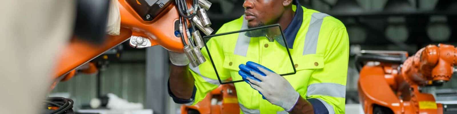 Industrial worker calibrating machinery with tablet.