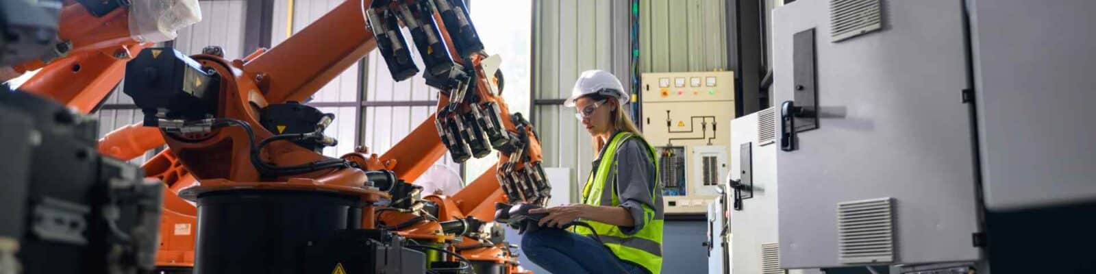 Technician servicing robotic equipment in factory.