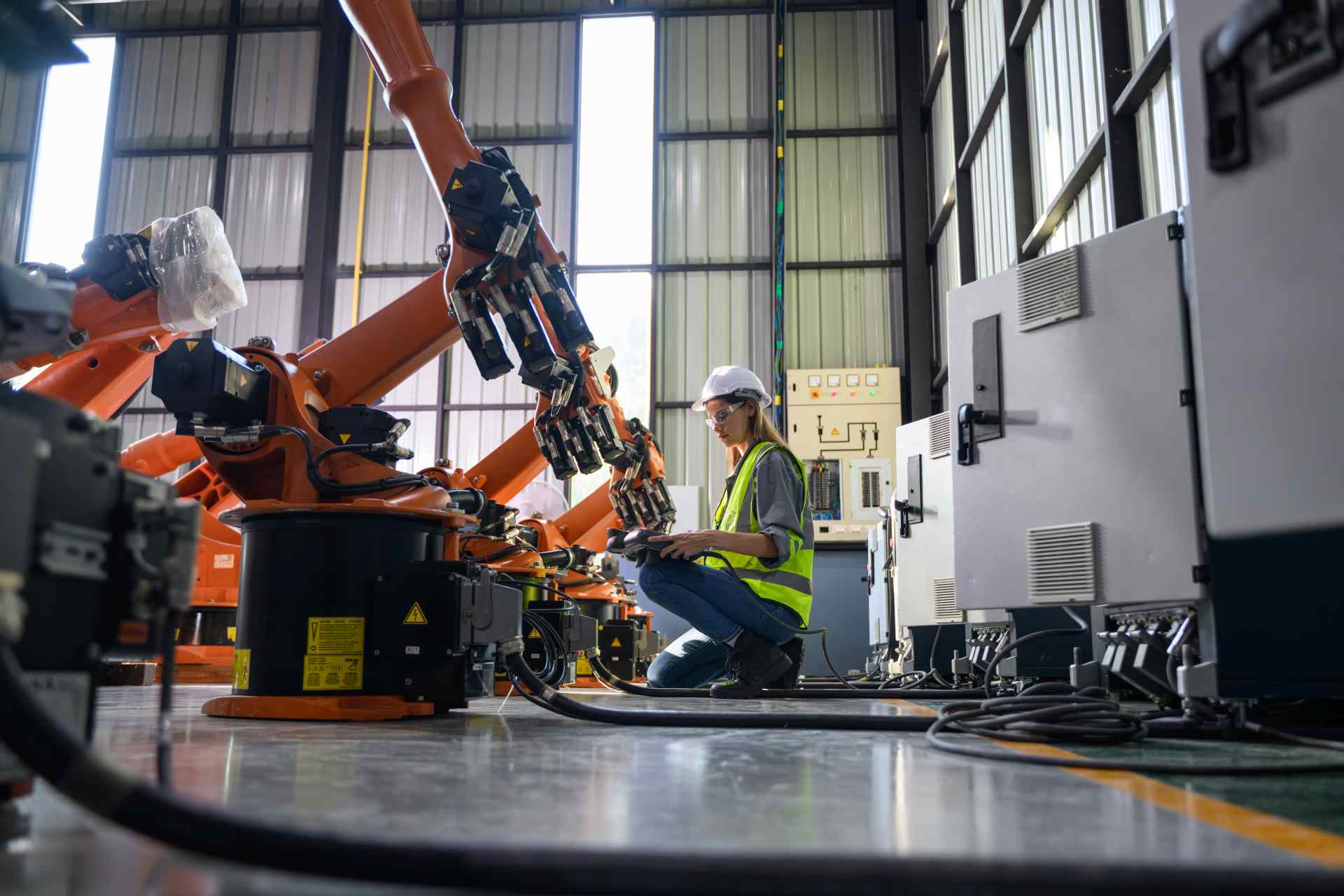 Technician servicing robotic equipment in factory.