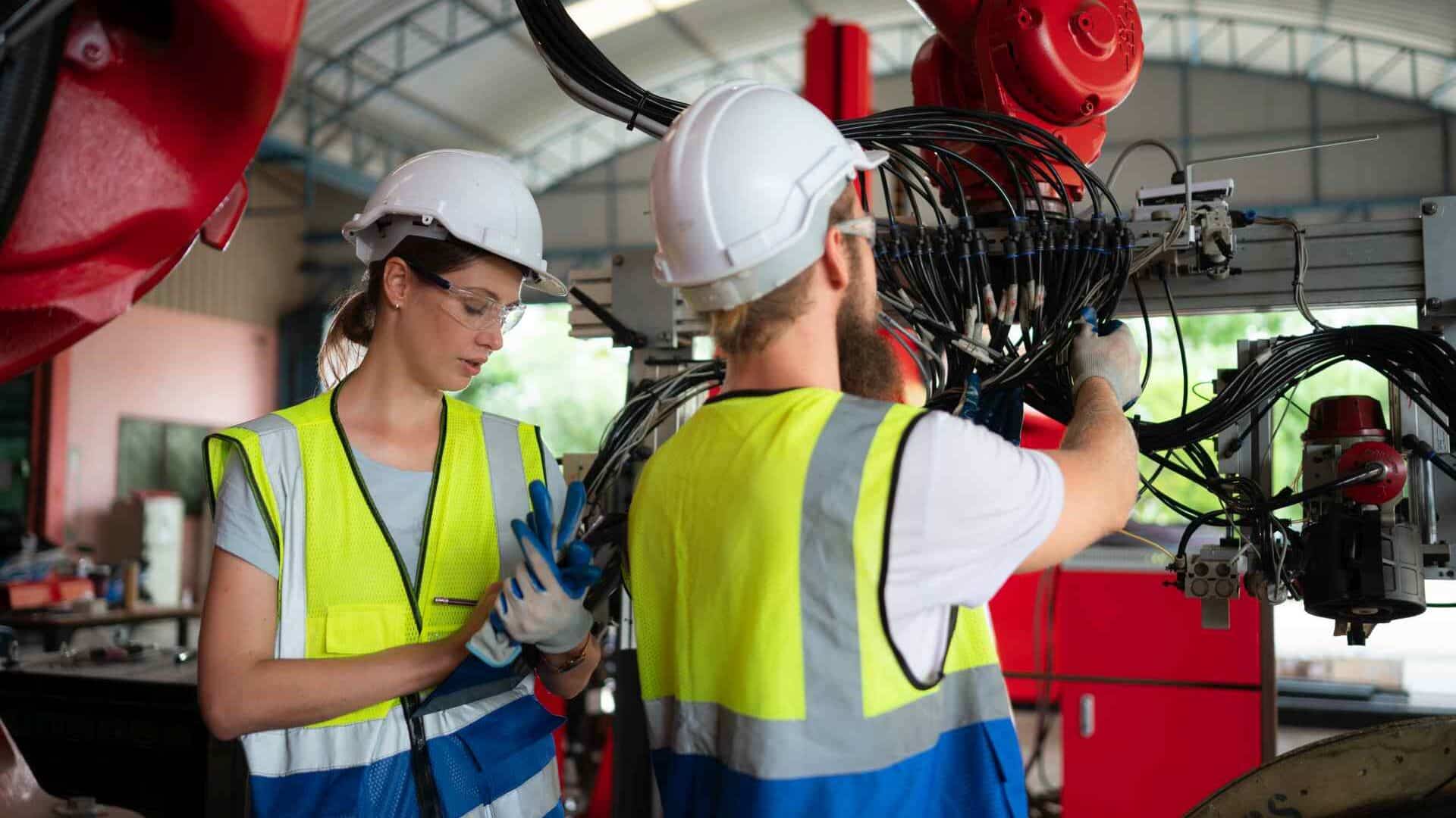 Engineers discussing machinery maintenance