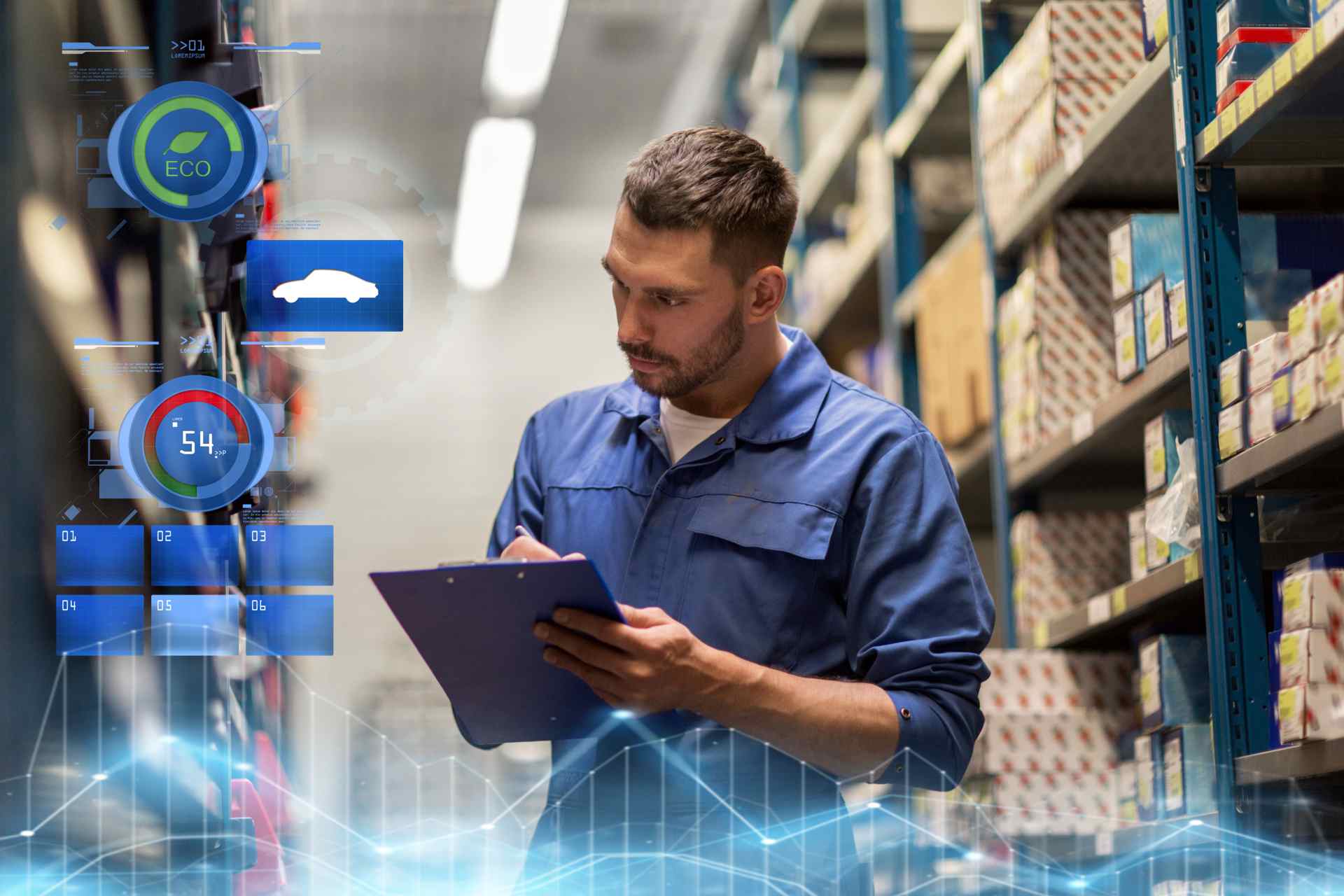 Industrial manager analyzing supply chain data
