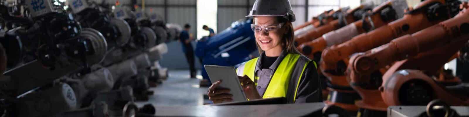 Worker smiling near construction machinery