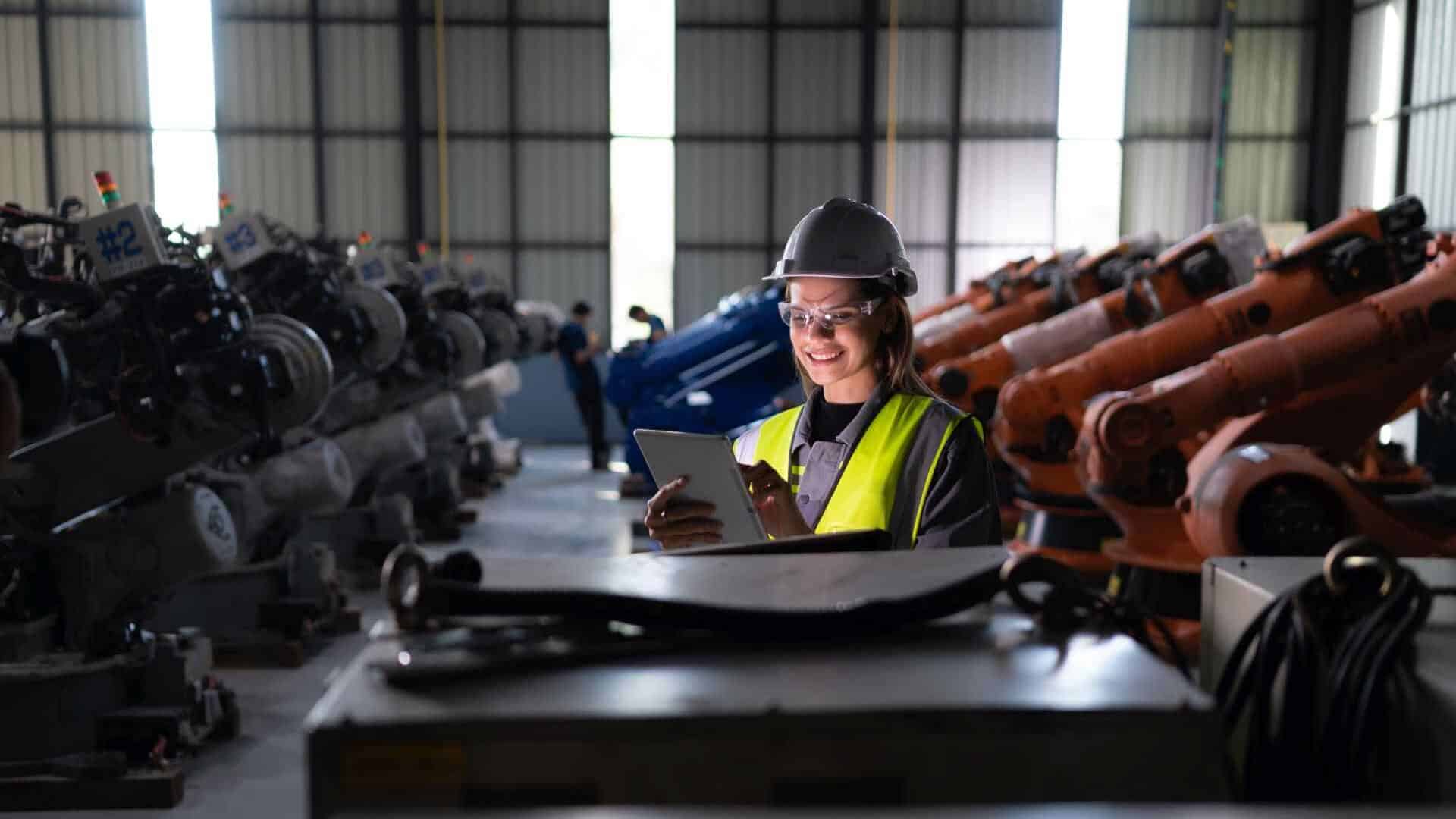 Worker smiling near construction machinery