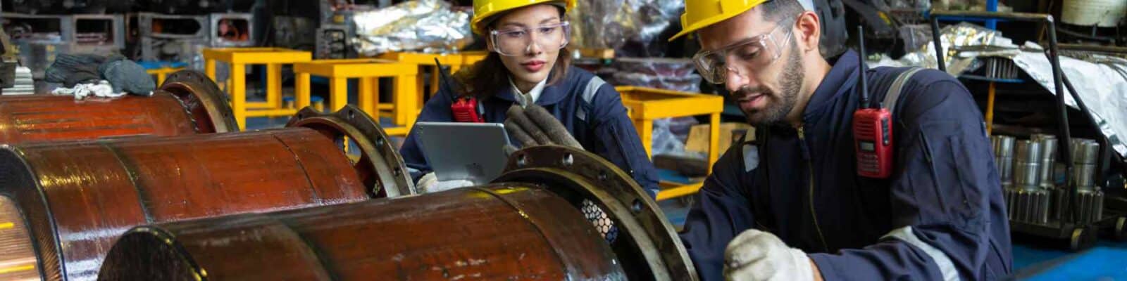 Industrial workers inspecting machinery for maintenance