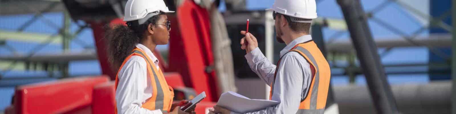 Industrial workers discussing at construction site