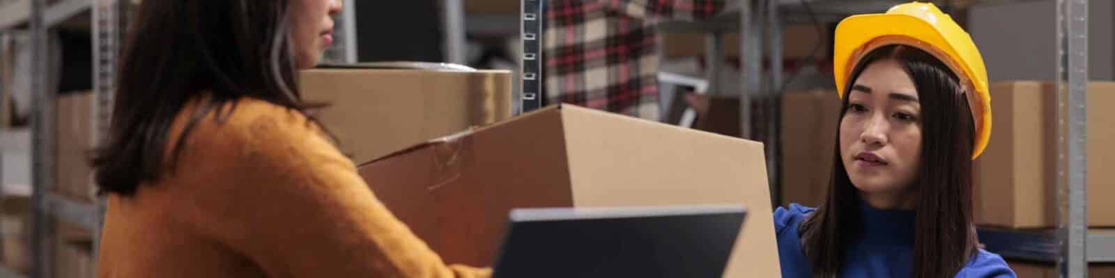 Warehouse workers managing inventory with laptop