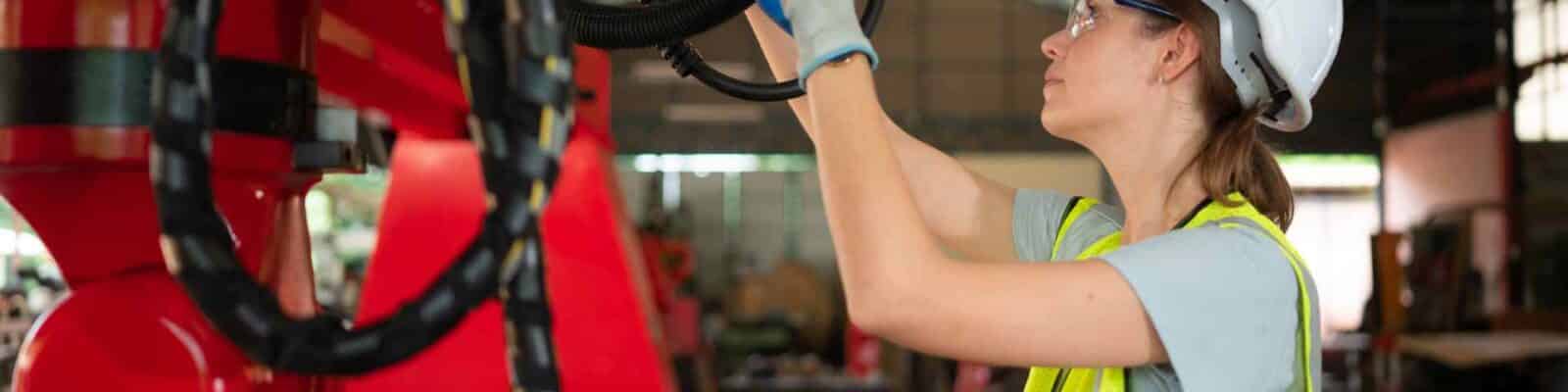 Technician inspecting robotics to prevent equipment breakdown