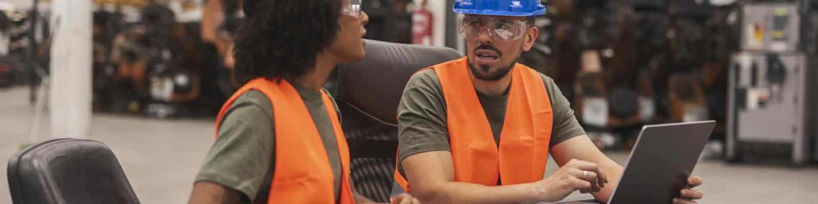 Industrial workers discussing production plans in a warehouse