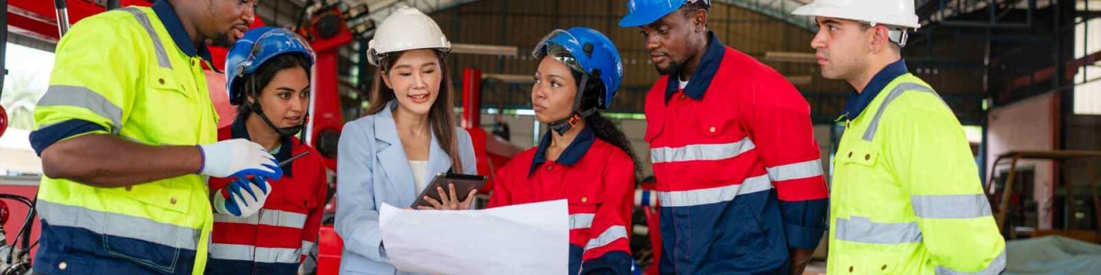 Industrial safety training session with diverse workforce.