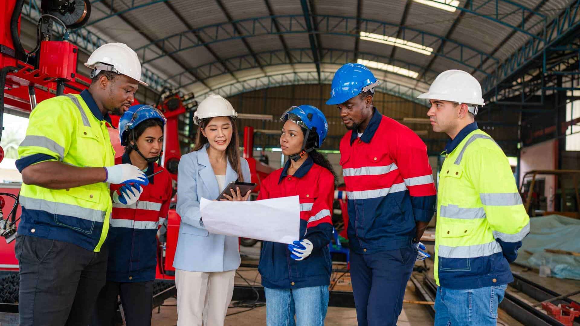 Industrial safety training session with diverse workforce.
