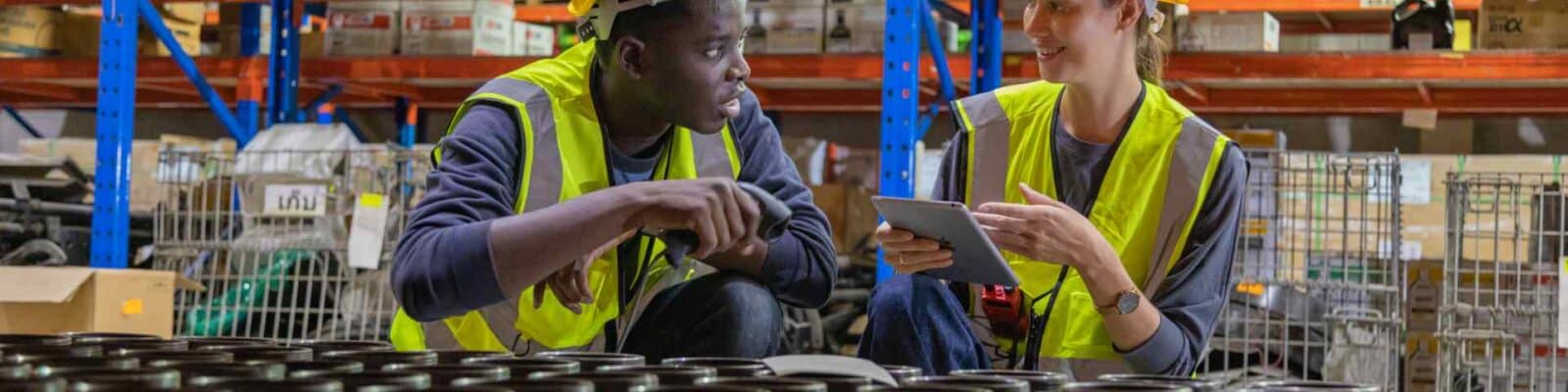 Two warehouse workers discussing inventory with tablet