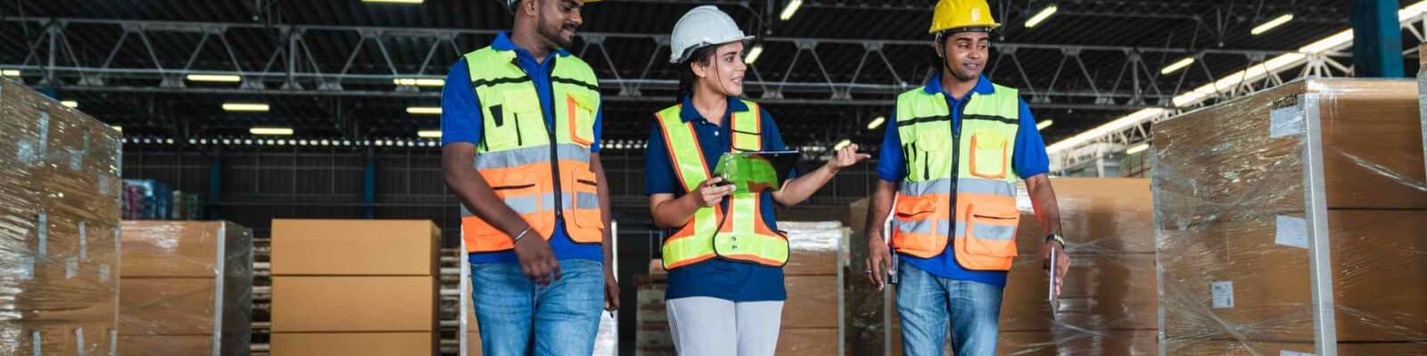 Warehouse safety training with three personnel