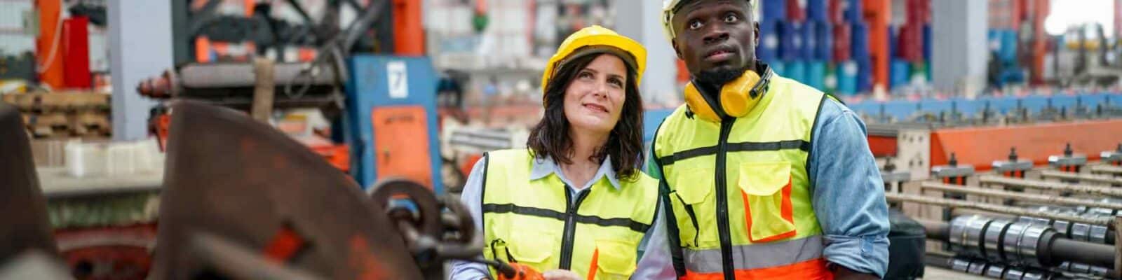Two industrial workers examining machinery